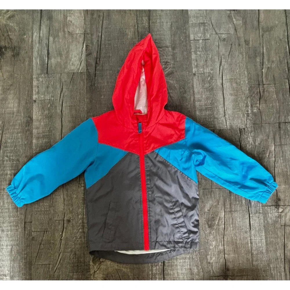 Cat & Jack Boys Red Blue Grey Colorblock Hooded Windbreaker Jacket Size 4T